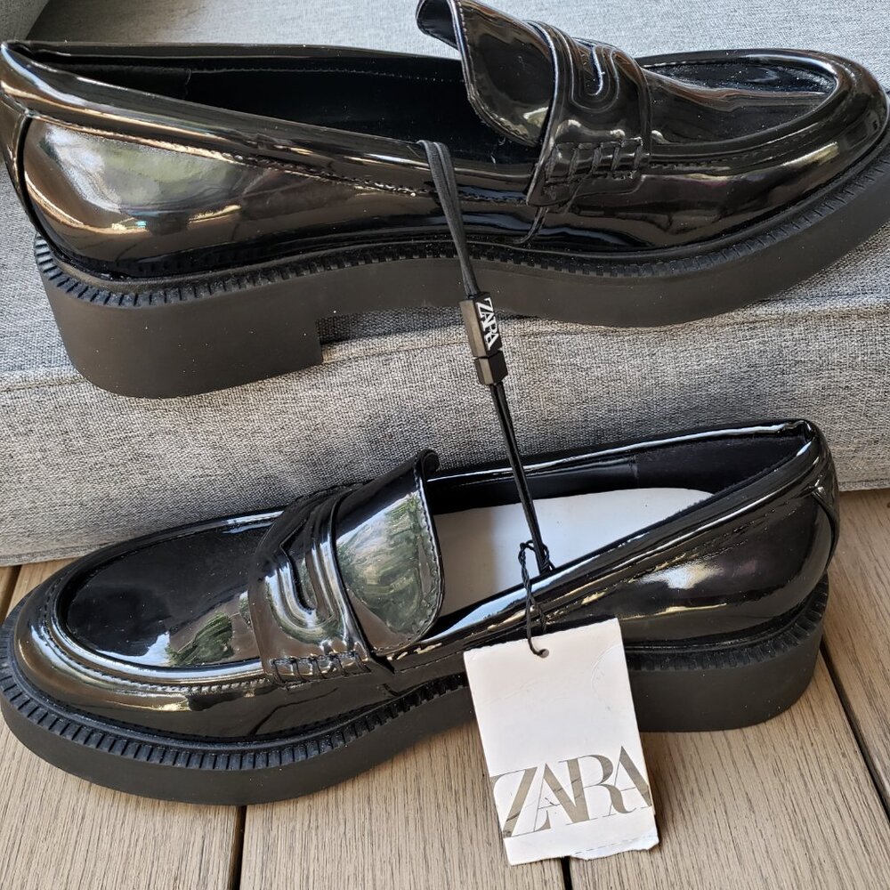 BNWT ZARA faux patent leather elevated penny loafers jet black (7.5) - Picture 8 of 9